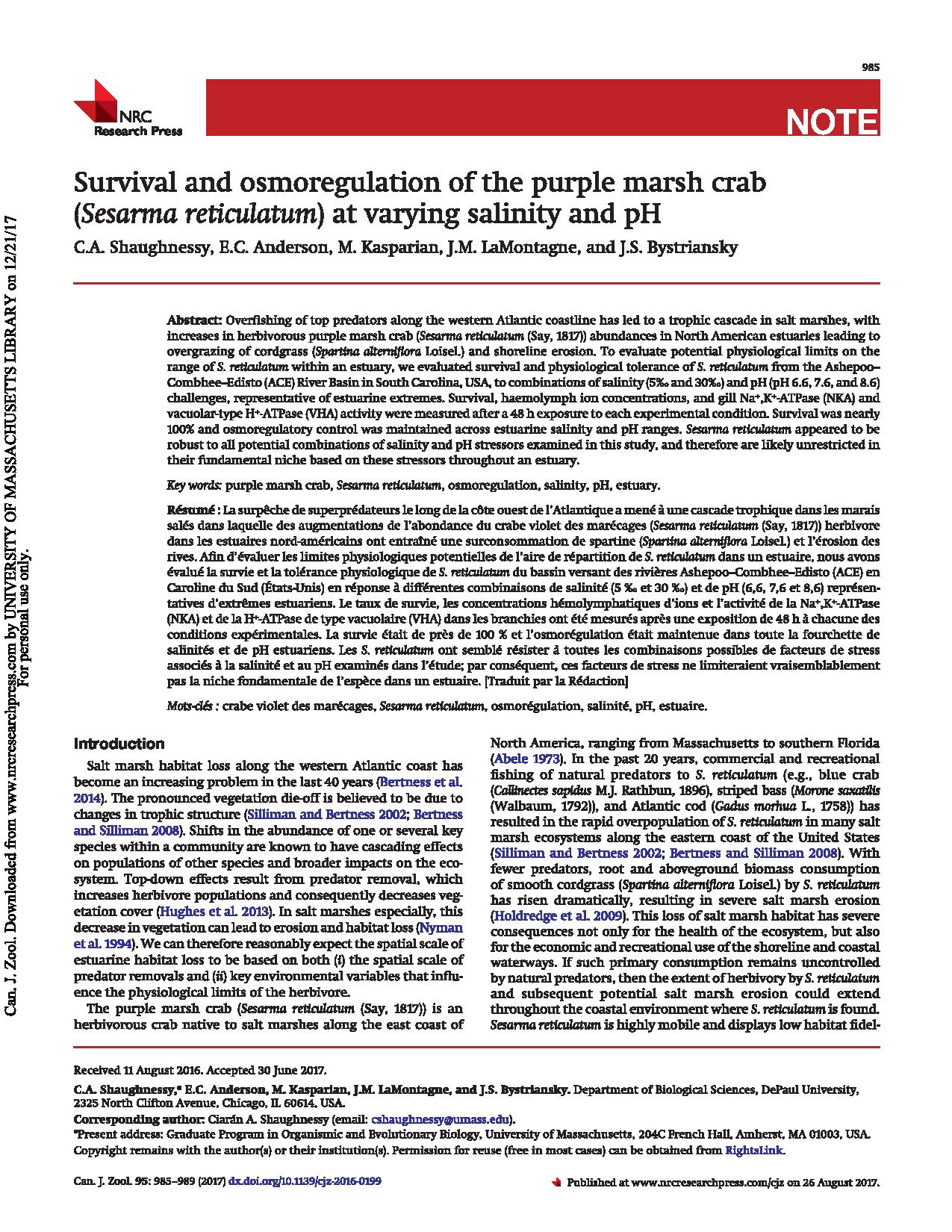 Survival and osmoregulation of the purple marsh crab (<em>Sesarma reticulatum</em>) at varying salinity and pH