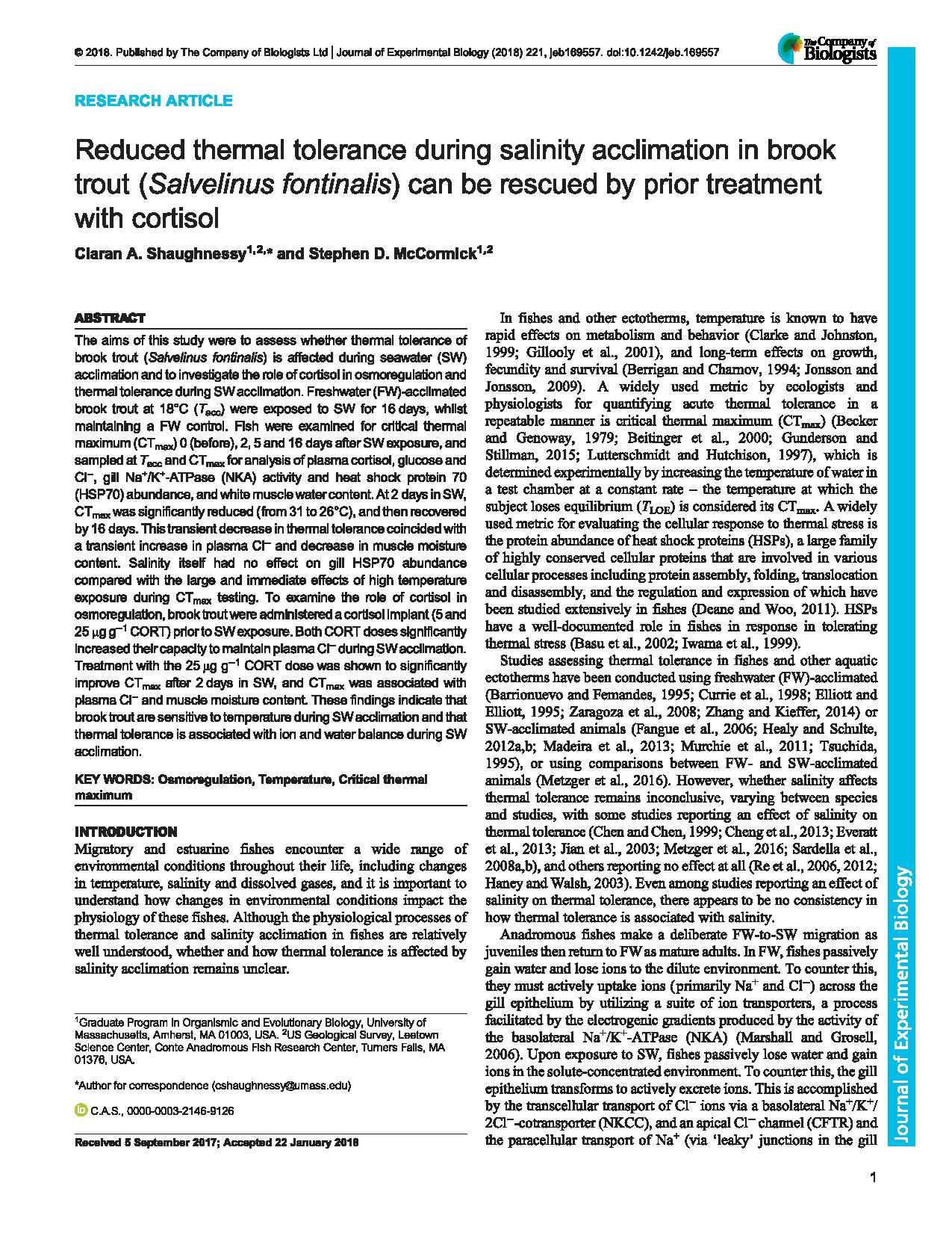 Reduced thermal tolerance during salinity acclimation in brook trout (<em>Salvelinus fontinalis</em>) can be rescued by prior treatment with cortisol