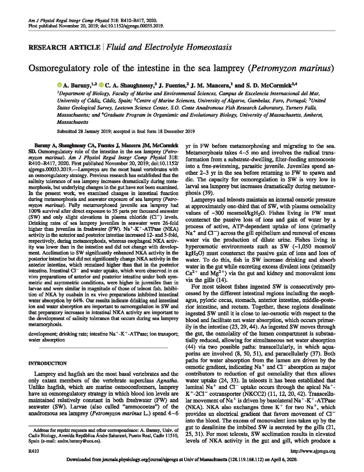 Osmoregulatory role of the intestine in the sea lamprey (<em>Petromyzon marinus</em>)