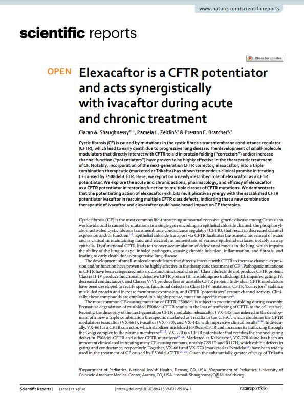 Elexacaftor is a CFTR potentiator and acts synergistically with ivacaftor during acute and chronic treatment