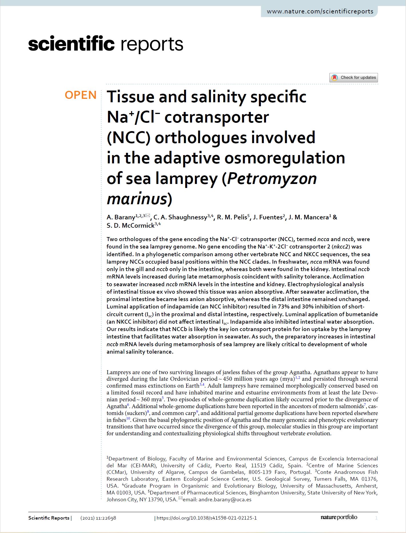 Tissue and salinity specific Na+/Cl- cotransporter (NCC) orthologues involved in the adaptive osmoregulation of sea lamprey (<em>Petromyzon marinus</em>)