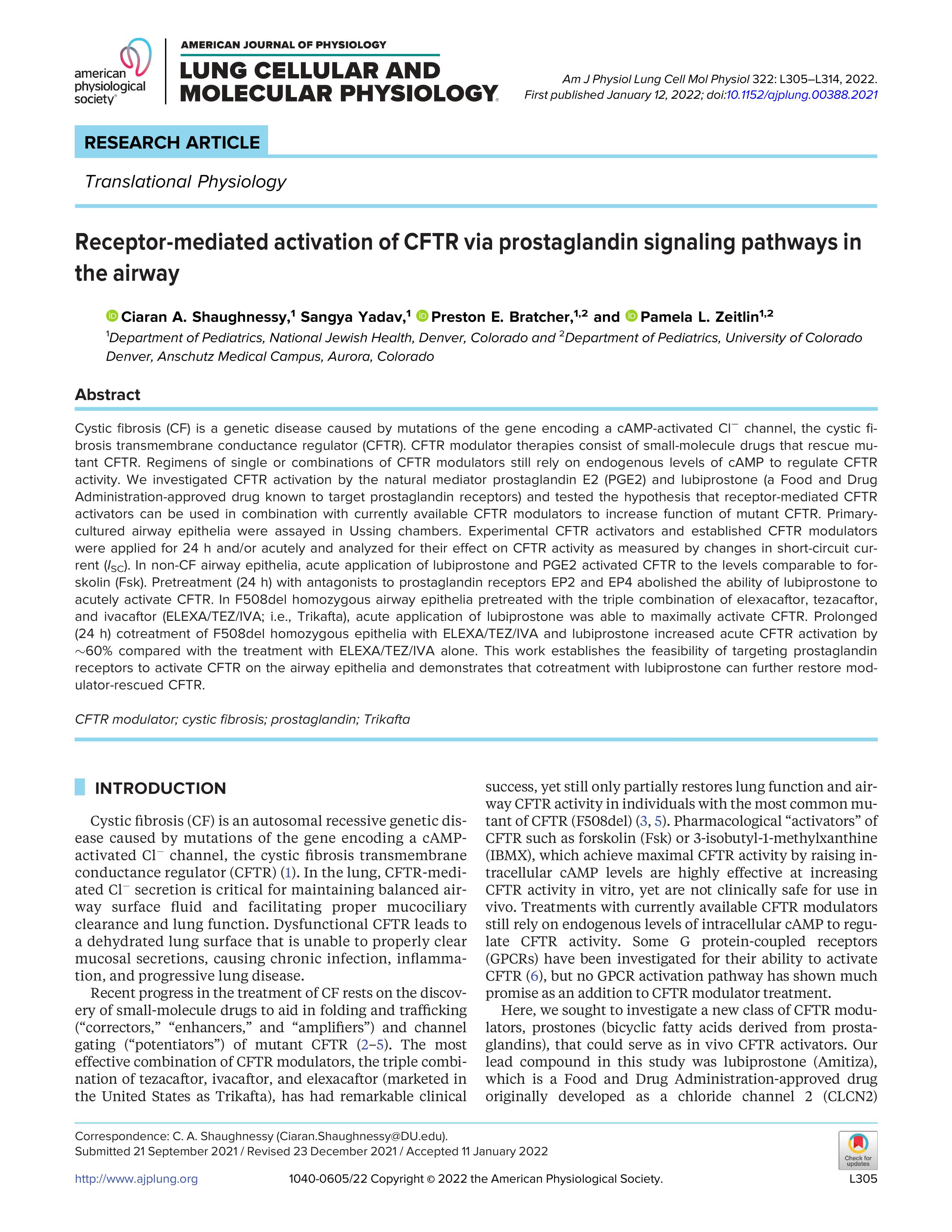 Receptor-mediated activation of CFTR via prostaglandin signaling pathways in the airway