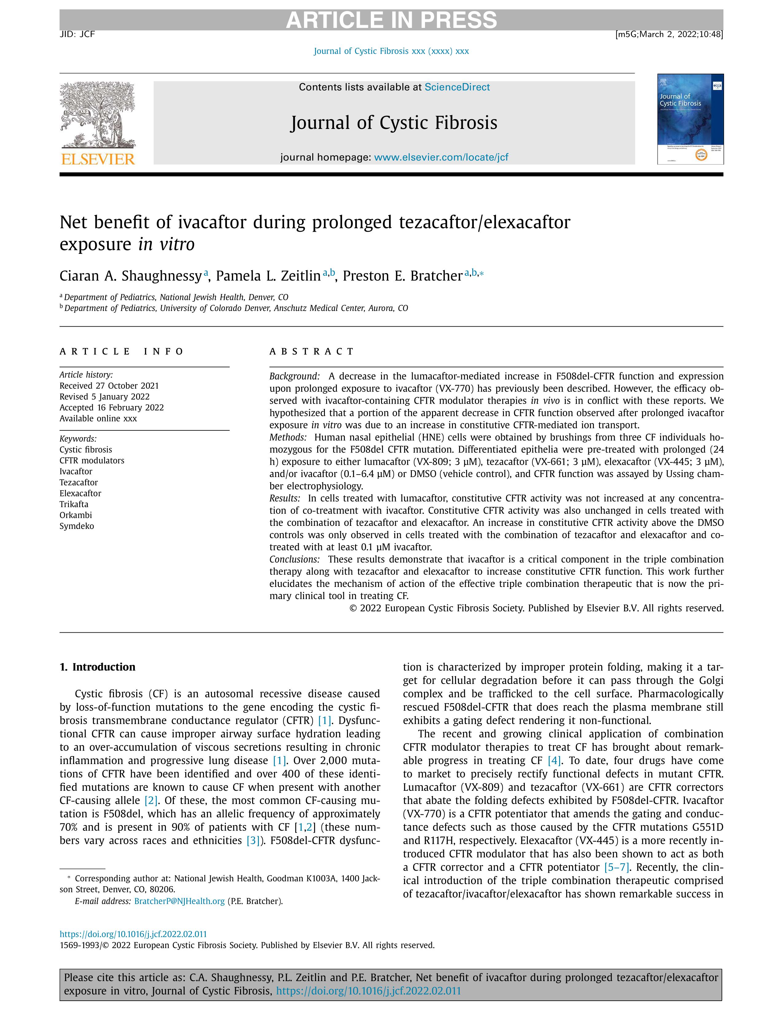 Net benefit of ivacaftor during prolonged tezacaftor/elexacaftor exposure in vitro