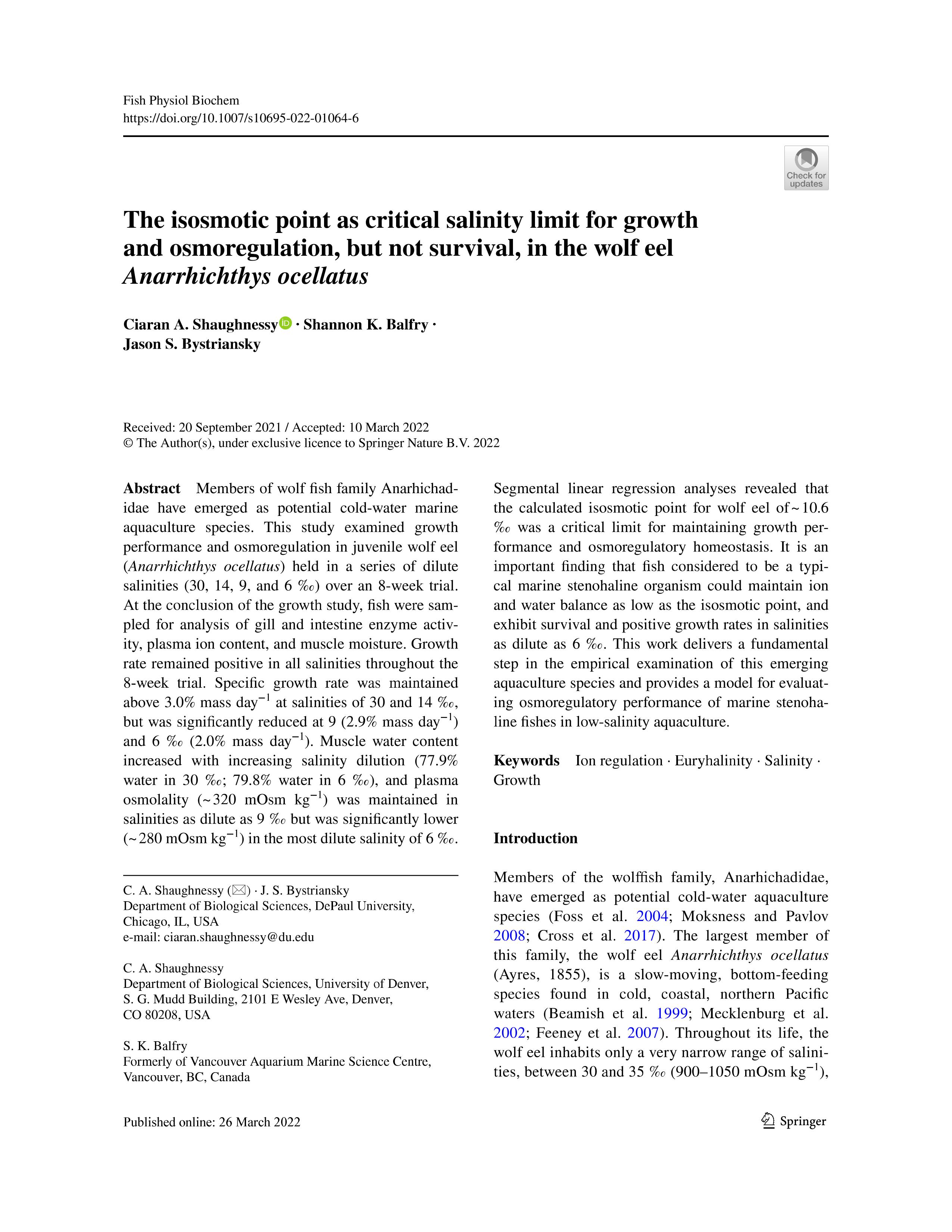The isosmotic point as critical salinity limit for growth and osmoregulation, but not survival, in the wolf eel <em>Anarrhichthys ocellatus</em>
