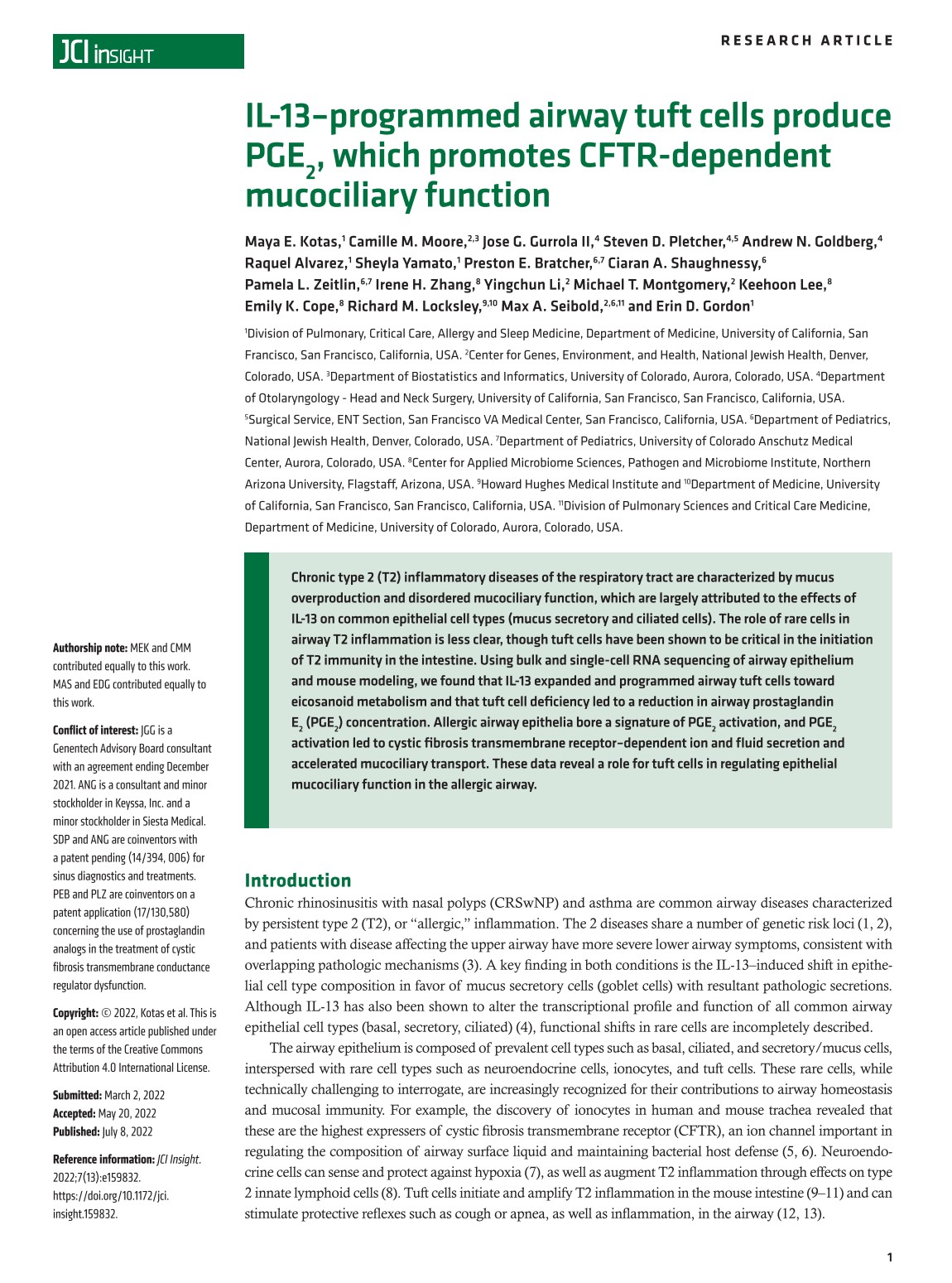 IL-13-programmed airway tuft cells produce PGE2, which promotes CFTR-dependent mucociliary function