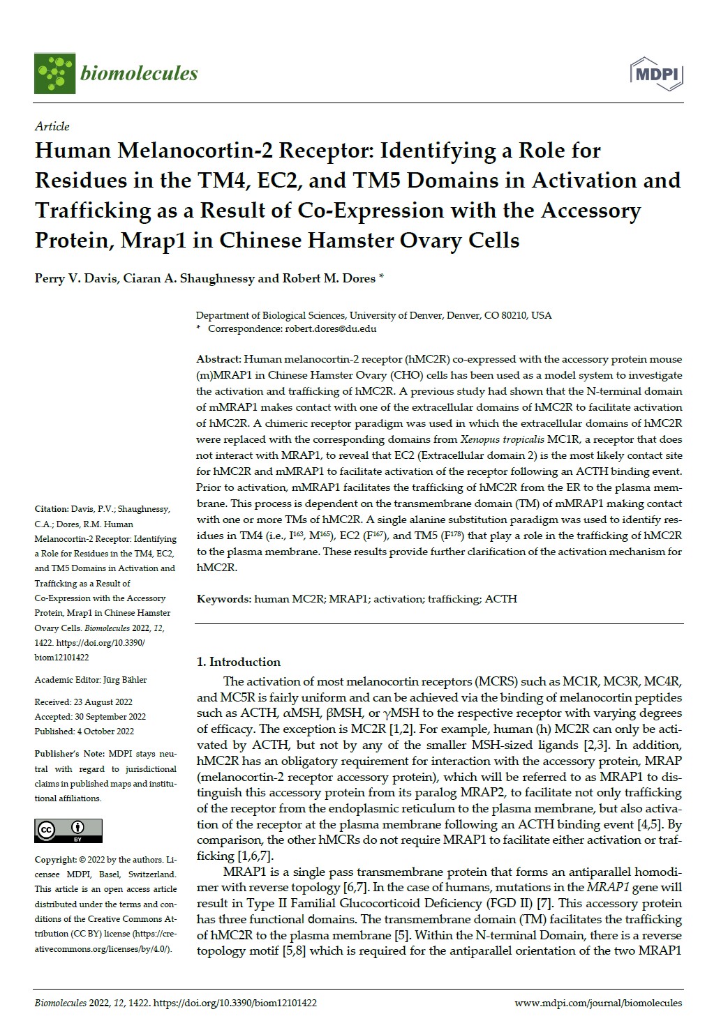 Human melanocortin-2 receptor: identifying a role for residues in the TM4, EC2, and TM5 domains in activation and trafficking as a result of co-expression with the accessory protein, Mrap1 in Chinese hamster ovary cells