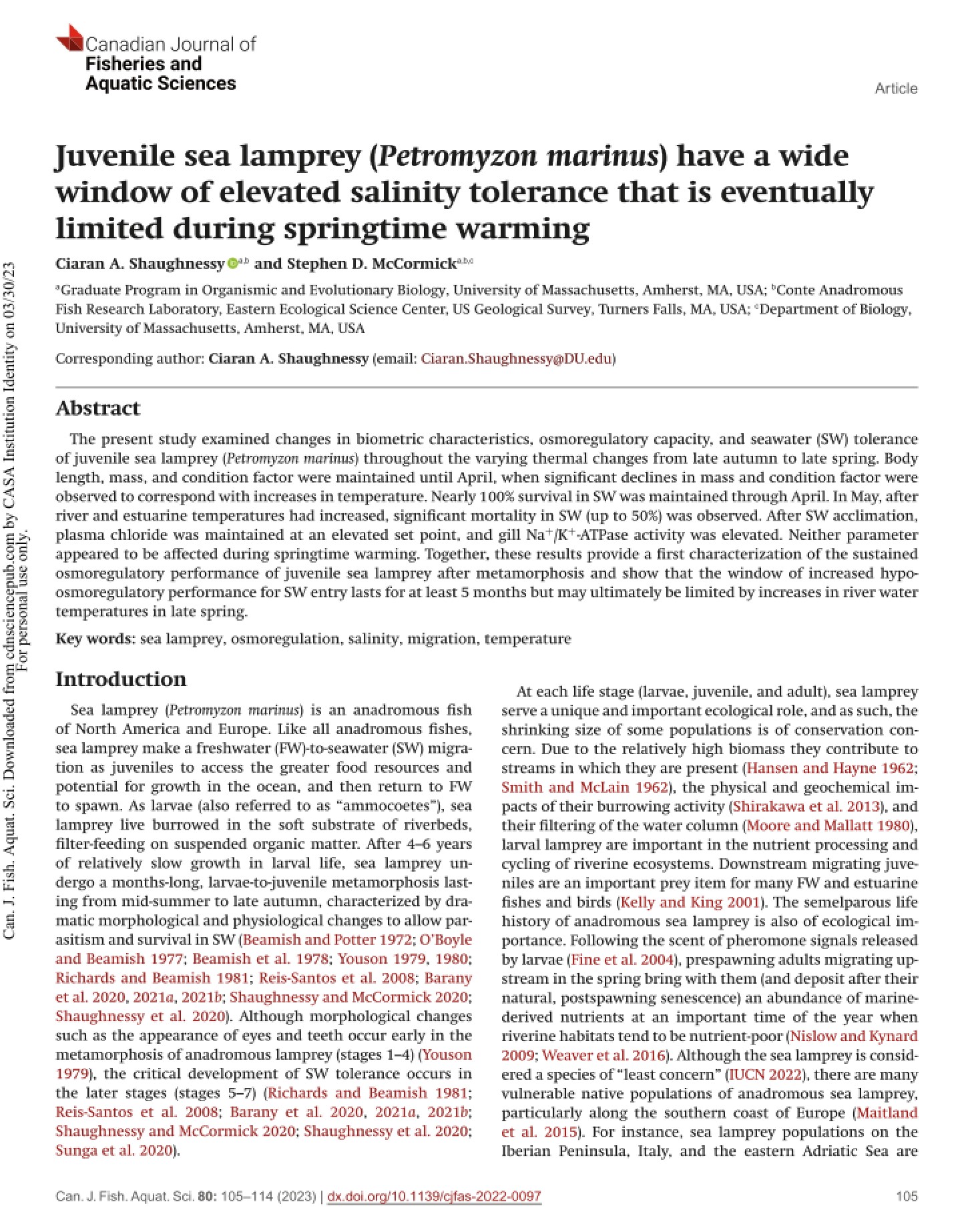 Juvenile sea lamprey (<em>Petromyzon marinus</em>) have a wide window of elevated salinity tolerance that is eventually limited during springtime warming