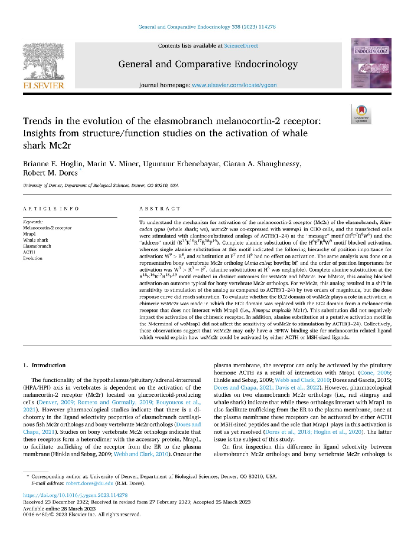 Trends in the evolution of the elasmobranch melanocortin-2 receptor: insights from structure/function studies on the activation of whale shark Mc2r
