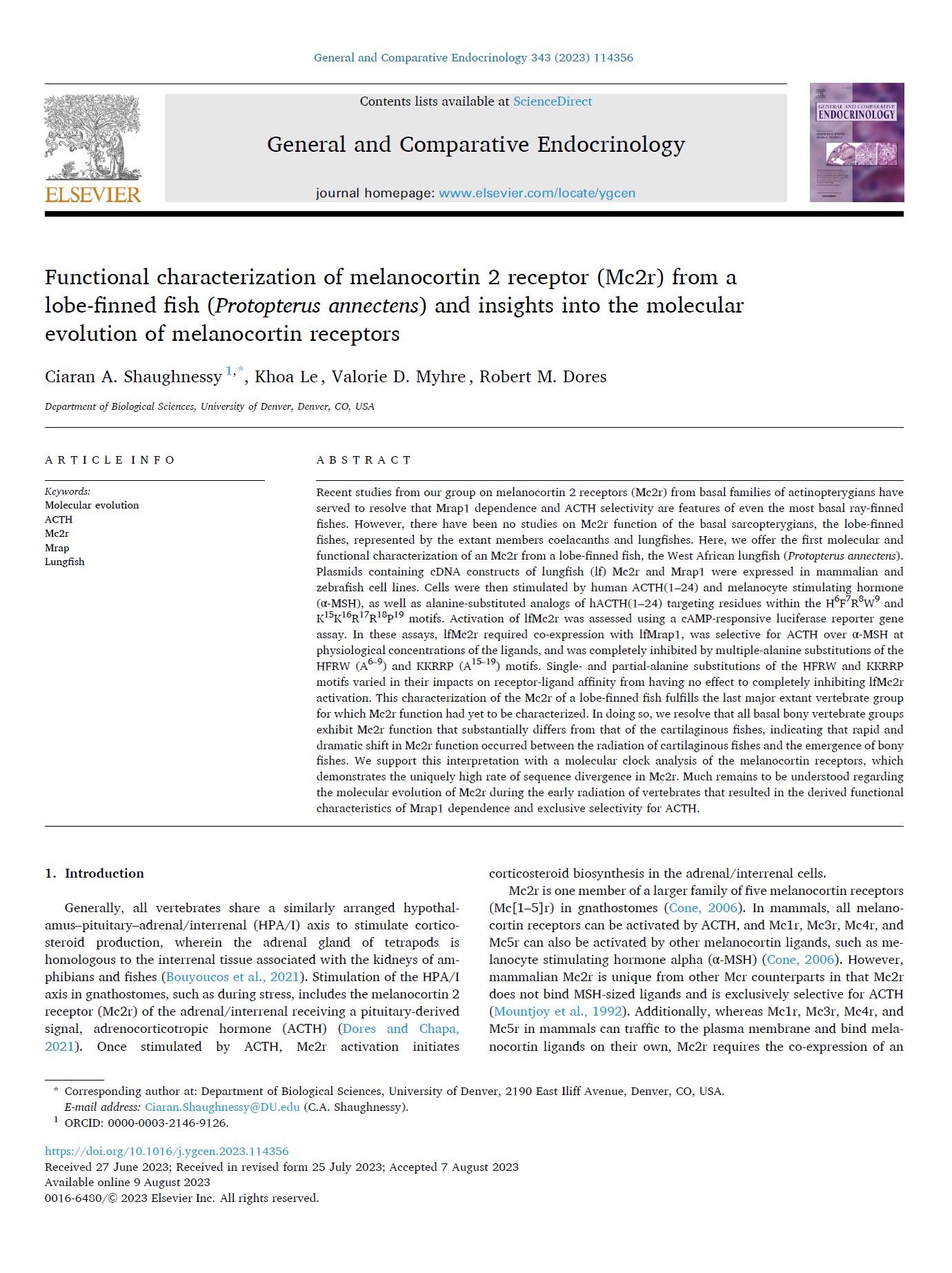 Functional characterization of melanocortin 2 receptor (Mc2r) from a lobe-finned fish (<em>Protopterus annectens</em>) and insights into the molecular evolution of melanocortin receptors