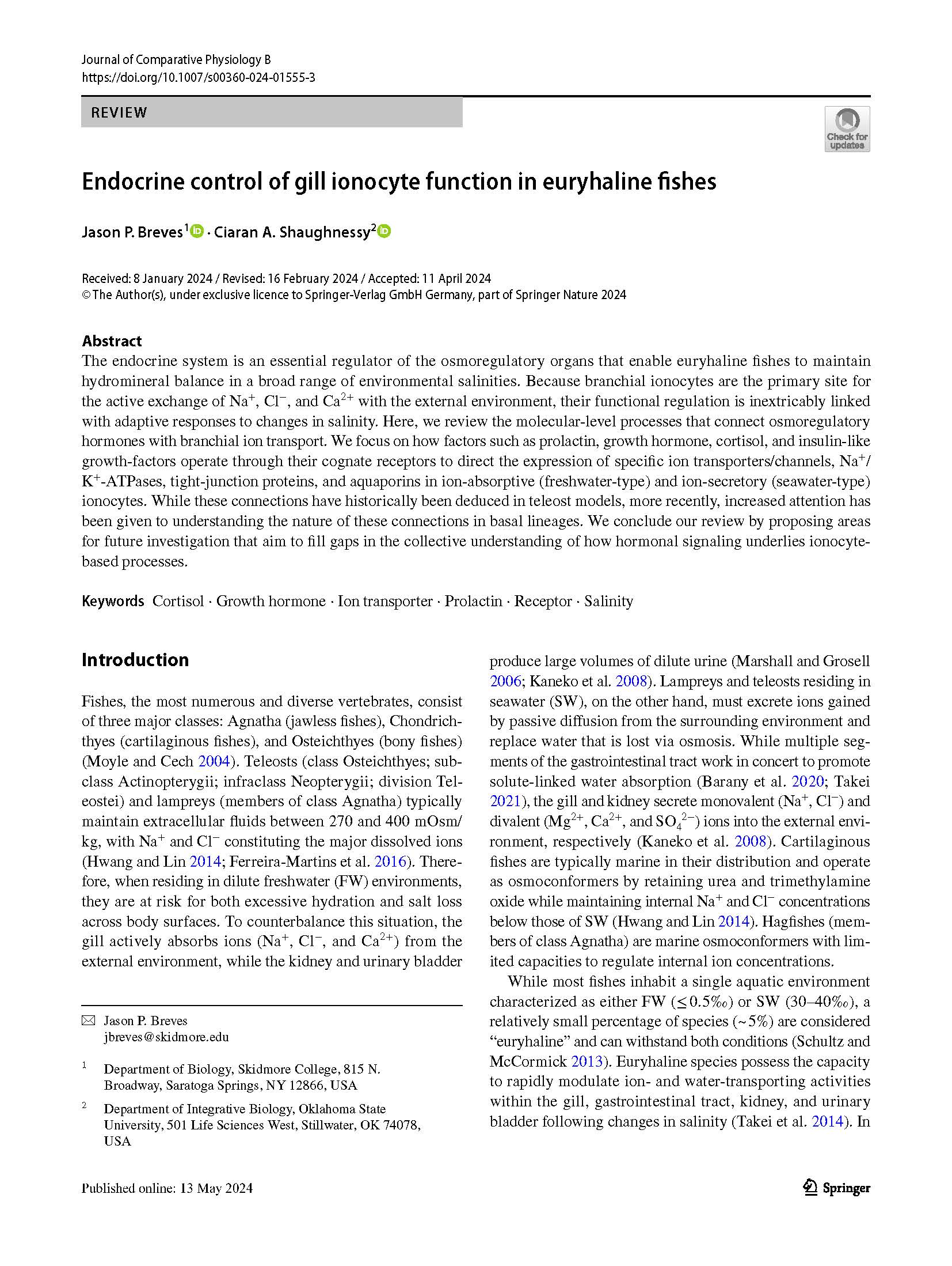 Endocrine control of gill ionocyte function in euryhaline fishes