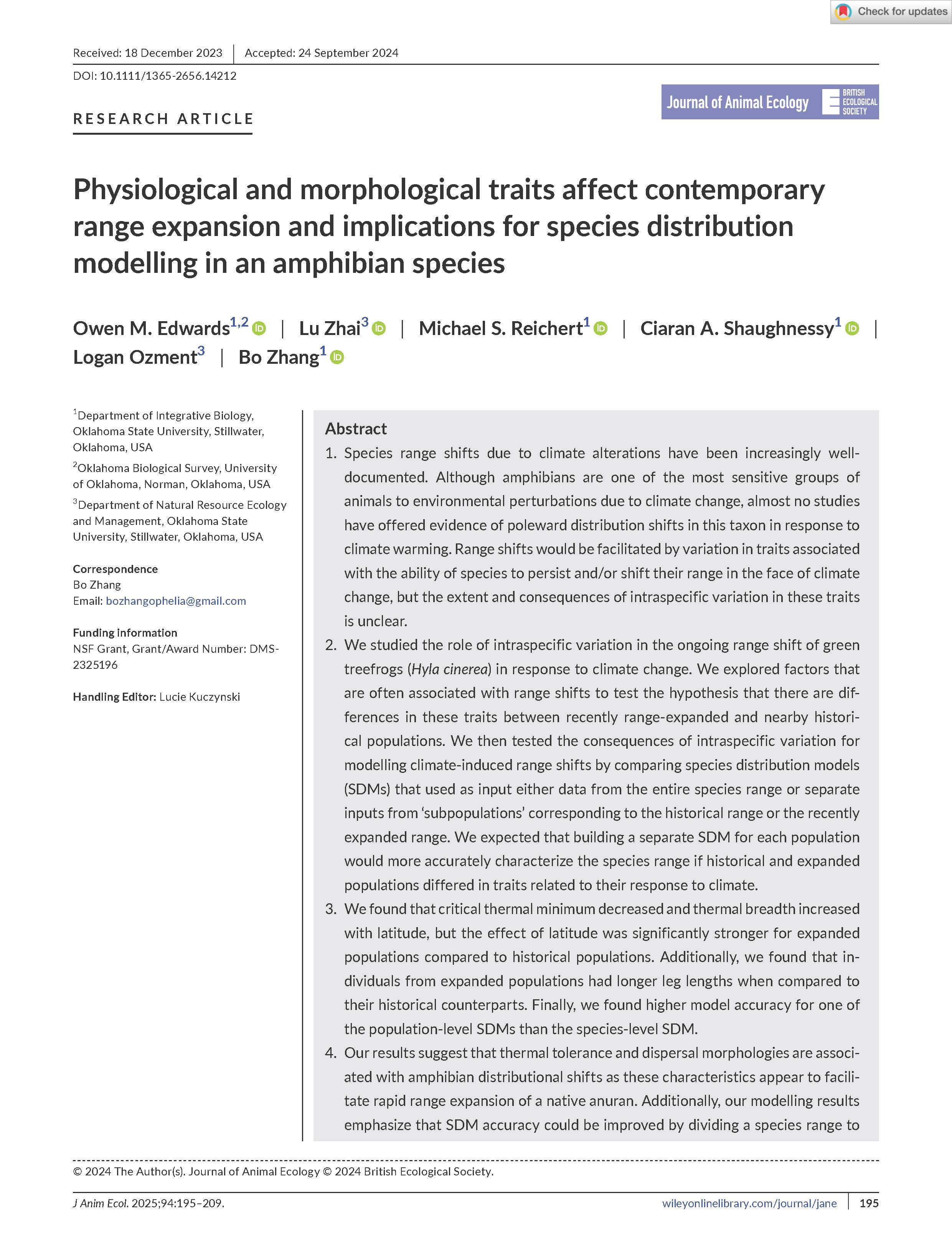 Physiological and morphological traits affect contemporary range expansion and implications for species distribution modeling in an amphibian species