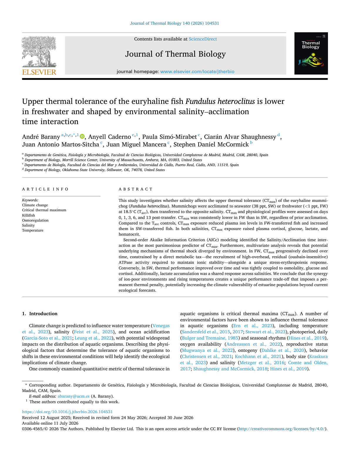Freshwater and low body mass reduce heat tolerance in the euryhaline mummichog (Fundulus heteroclitus)